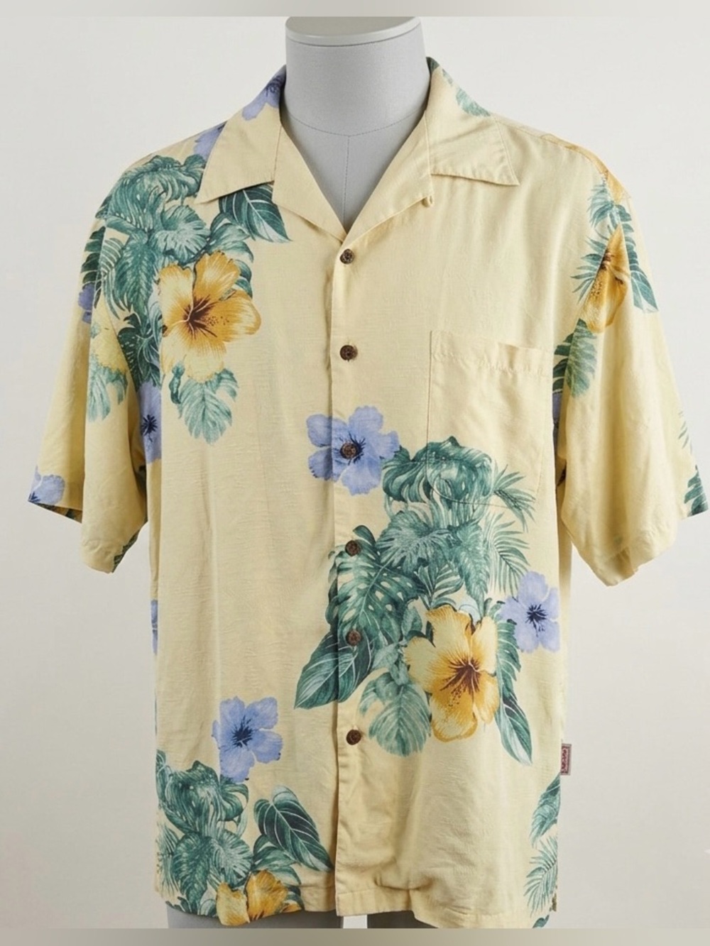 Tommy Bahama Silk Hawaiian Shirt Mens XL Yellow Floral Hibiscus Aloha Camp Relax
